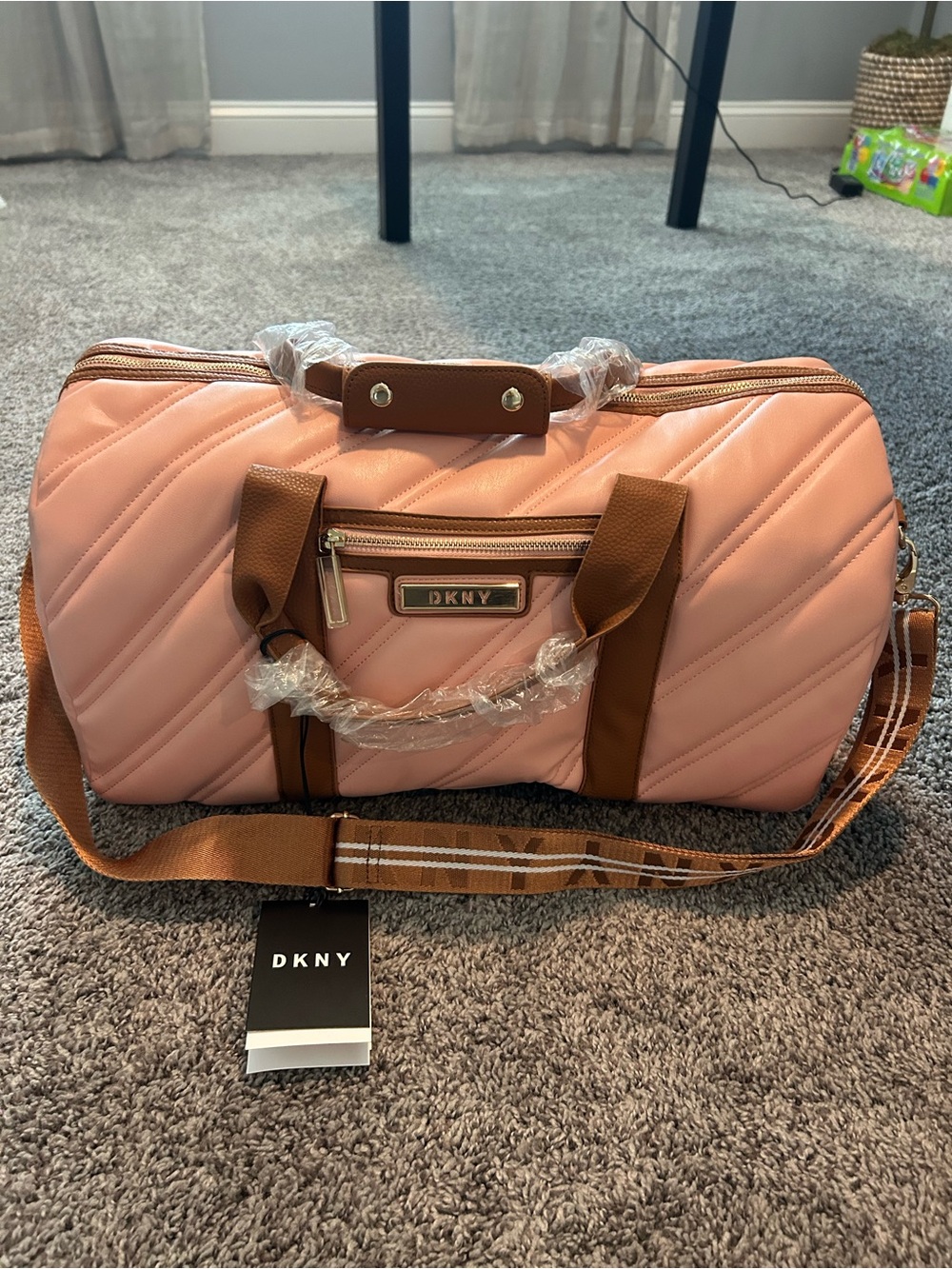 DKNY Quilted Blush Pink Duffel with Brown Trim